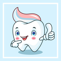 Cartoon cute little teeth with toothpaste hair giving thumbs up