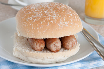 Sausage sandwich or sausage bap a popular British breakfast snack