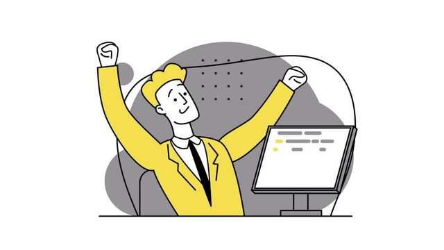 The guy-programmer waves his hands to the sides. The joy of successful work. Remote work. A programmer is working on the next big thing. Coding on-screen PC, HTML coding, web development, developer.