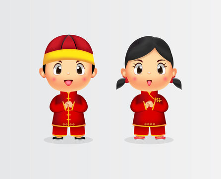 Chinese Kids with Happy New Year. Boy and girl in chinese costume Cartoon. Happy Chinese new year