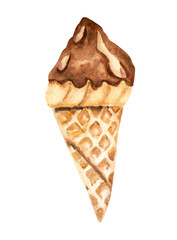 Watercolor illustration of ice cream. Ice cream in a waffle cone with chocolate. Sweet dessert illustration