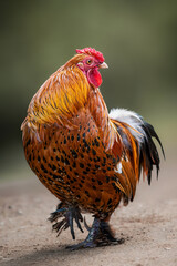 A sleepy colored rooster walks along the path.