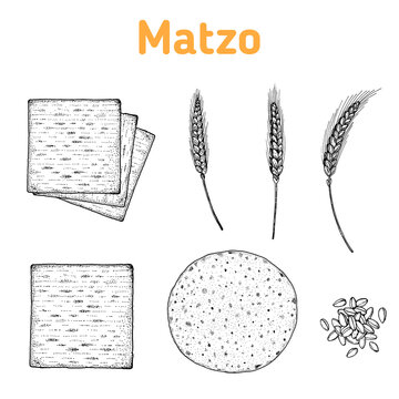 Matzo cooking and ingredients for matzo illustration. Middle eastern cuisine. Traditional passover food, design elements. Hand drawn, menu and package design. Jewish food.