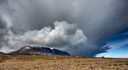 Upcoming storm over arctic landscape, Disko Island, Greenland 
