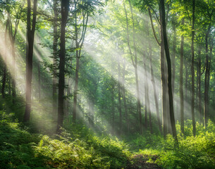Fototapeta na wymiar Natural Forest of Beech Trees, Sunbeams through Fog create mystic Atmosphere 