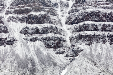 Close up of a mountain wall with freshly fallen snow showing graphic patterns