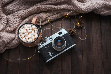 winter composition with old camera on wooden background