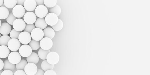 Soft white spheres geometry background, minimal modern template, flat lay top view from above with copy space