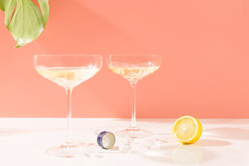 Сocktail with a lemon with beautiful shadows and highlights on a white background and palm leaves. Vertical banner with a copy space for your text