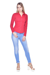 beautiful woman in jeans posing on white