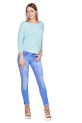 Obraz premium beautiful woman in jeans posing on white