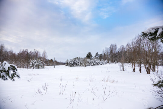 Landscape of the middle latitudes, Russia, a field in the snow in winter