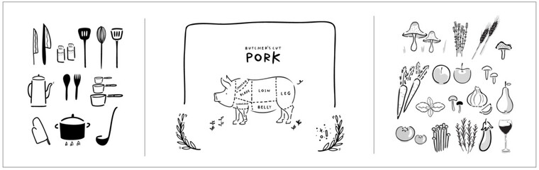 Cooking - meat cut parts, butcher guide "Butcher's Cut PORK" + fresh ingredients + Cooking tool household, utensil kitchenware illustration - Branding Element, recipe book and menu - farm to table
