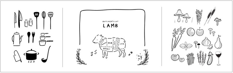 Cooking - meat cut parts, butcher guide "Butcher's Cut Lamb" + fresh ingredients + Cooking tool household, utensil kitchenware illustration - Branding Element, recipe book and menu - farm to table