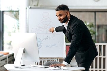 Distant business consultation. Smart successful confident Indian ceo, business coach or top manager...