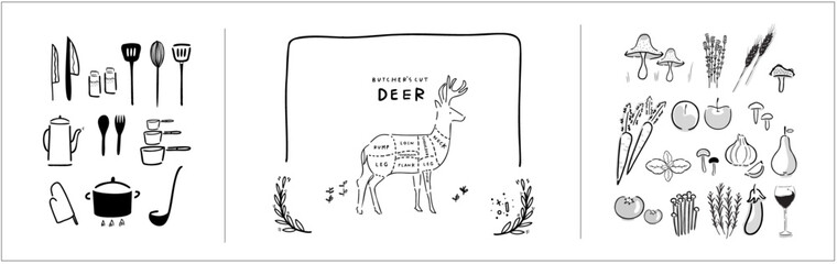 Cooking - meat cut parts, butcher guide "Butcher's Cut Deer" + fresh ingredients + Cooking tool household, utensil kitchenware illustration - Branding Element, recipe book and menu - farm to table