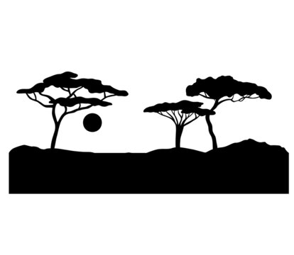 African Sunset Silhouette. Vector Black Landscape Scene With Tree Isolated On White Background