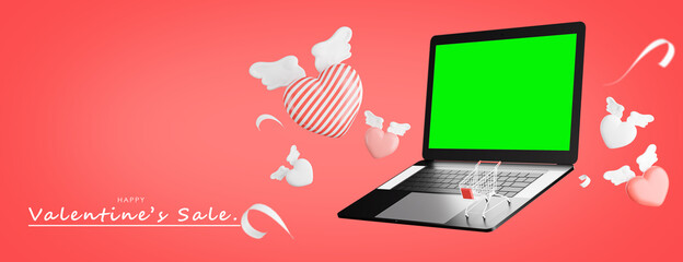 laptop with sweet hearts many pattern for product display,Valentine's day background.