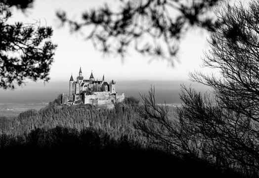 Hohenzollern Castle silhouette on a hill in Swabia Germany near Hechingen south of Stuttgart on sunny day, black and white contrast greyscale. Panoramic view with trees in winter scenery. 