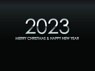 2023 MERRY CHRISTMAS AND HAPPY NEW YEAR in chrome text and black background vector and illustration.