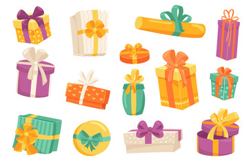 Gift boxes cute stickers isolated set. Collection of boxes in wrapping paper with bows of different types. Celebrating holidays, giving presents at event. Illustration in flat cartoon design