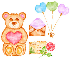 Watercolor Valentines gifts set. Hand draw illustration with  Teddy Bear, love letter roses, envelope and ballons. Baby birthday postcard design.