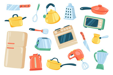 Kitchen utensil cute stickers isolated set. Collection of knife, whisk, kettle, frying pan, microwave, oven, toaster, refrigerator, mixer, coffee maker. Illustration in flat cartoon design