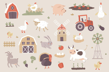 Livestock farm isolated objects set. Collection of pig, cow, sheep, goat, chicken, goose, turkey, rabbit, tractor, vegetables in garden, farming. Illustration of design elements in flat cartoon