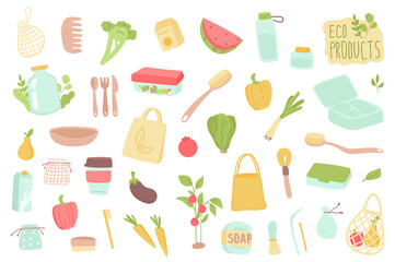 Eco products isolated objects set. Collection of wooden dishes, toothbrush, glass bottles, string bags, paper cup, hygiene tools, organic food. Illustration of design elements in flat cartoon