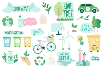 Ecology and zero waste isolated objects set. Collection of eco friendly quotes, green renewable energy, waste sorting, transport and industry. Illustration of design elements in flat cartoon
