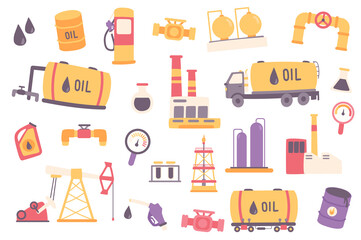 Oil industry isolated objects set. Collection of petroleum and fuel extraction, transportation and storage, pipeline, barrel, tank, factory. Illustration of design elements in flat cartoon