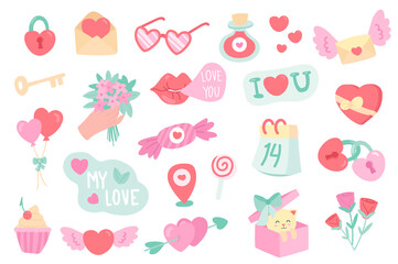Valentines Day isolated objects set. Collection of heart lock, key, letter, glasses, love potion, rose flowers, kiss, balloon, calendar, gift. Illustration of design elements in flat cartoon - obrazy, fototapety, plakaty