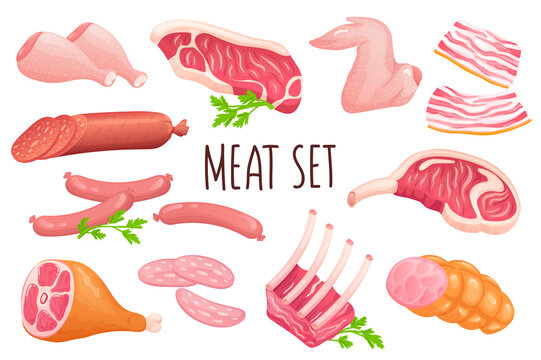 Meat icon set in realistic 3d design. Bundle of chicken wings and legs, steak, ribs, bacon, ham, sausages and other. Butcher shop products collection. Illustration isolated on white background