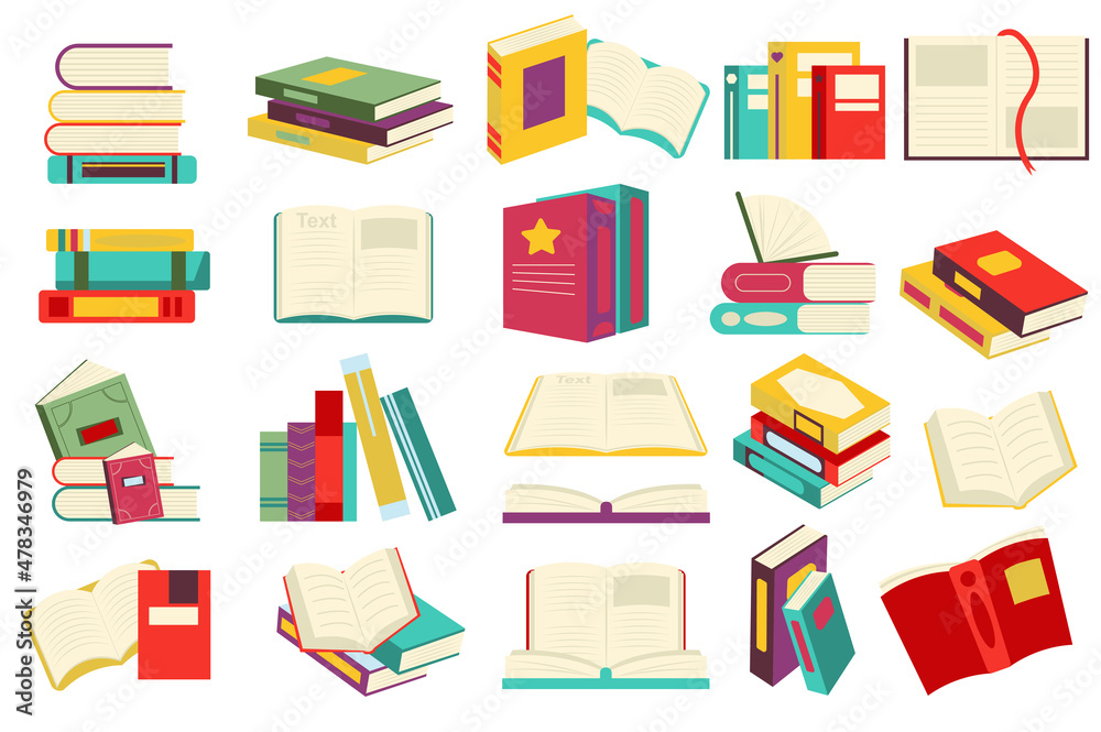 Aufkleber reading book set in flat cartoon design. stacks of books or textbook, open pages with bookmarks, lit