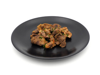 Cooked chicken livers, gizzards and hearts isolated on white background