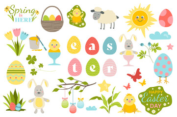 Happy Easter collection in flat design. Festive bright eggs, cute rabbits and chicks, spring flowers set. Celebrating holiday with gifts isolated elements. Illustration. Hand drawn style.