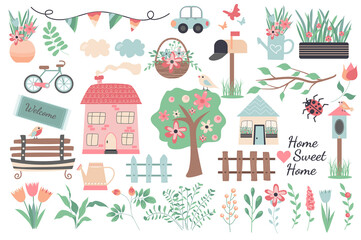 Sweet home collection in flat design. Cute houses, blooming trees, car, bicycle, wooden fences, flowers and bouquets, mailbox and others isolated elements set. Illustration. Hand drawn style.