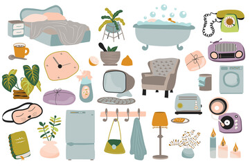 Cozy interior collection in flat design. Furniture for bedroom, bathroom, kitchen. Bed bathtub, armchair, computer, lamp, decor, others isolated elements set. Illustration. Hand drawn style.