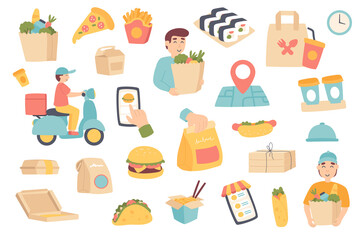 Food delivery isolated objects set. Collection of courier, customer with grocery bag, pizza, hamburger, sushi, coffee, mobile app and tracking. Illustration of design elements in flat cartoon