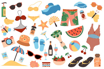 Summertime travel isolated elements set. Collection of shoes, short, swimsuit, sunglasses, panama, fruits, sunscreen and other. Summer vacation compositions. Illustration in flat cartoon design