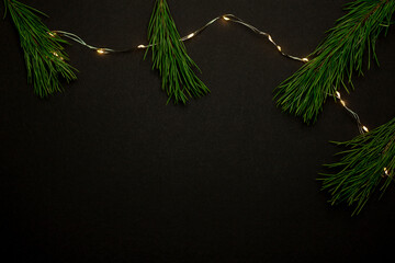 Branches of a Christmas tree and a garland on a black background. Christmas concept.