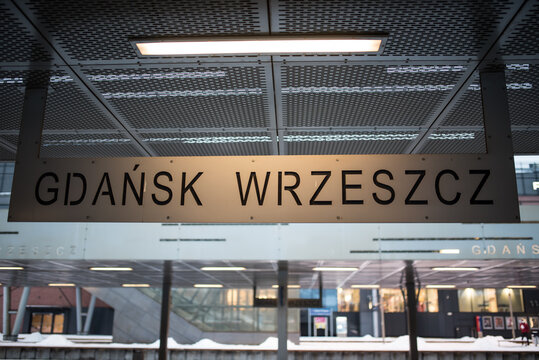 Modern "Gdansk Wrzeszcz" railway platform sign. 