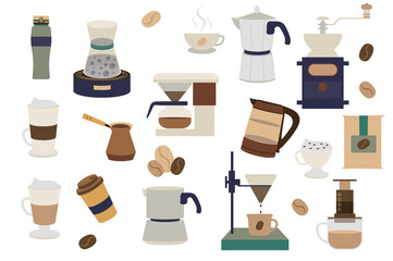 Coffee isolated elements set. Collection of different types of coffee drinks in mugs and equipment for preparation. Assortment of shop or cafe compositions. Illustration in flat cartoon design
