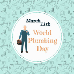 World Plumbing Day over Seamless pattern with plumber work construction tools.