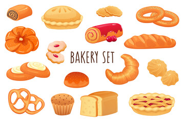 Bakery icon set in realistic 3d design. Bundle of sweet rolls, pie, cookies, muffins, croissant, fresh bread, bun and other. Baking menu collection. Illustration isolated on white background