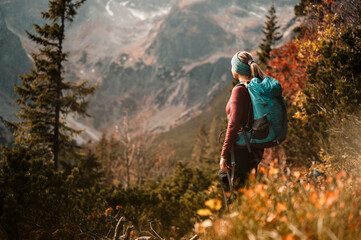  Young traveler hiking girl with backpacks. Hiking in mountains. Sunny landscape. Tourist traveler...