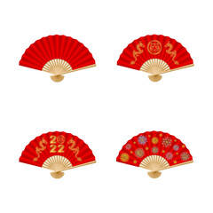 Set of isolated chinese new year folding fans with flowers and gold decorations