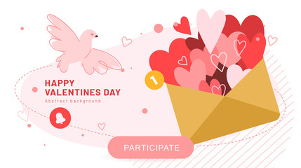 Love letter vector illustration concept.Valentines Day mailing template or banner. Big open envelope with small hearts and flying dove.