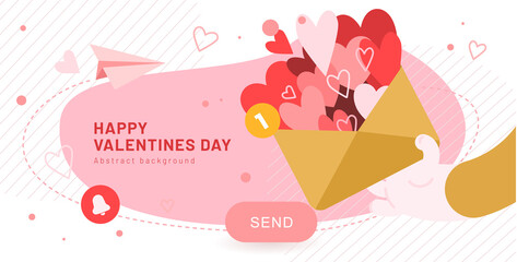 Love letter vector illustration concept.Valentines Day mailing template or banner. Big open envelope with small hearts in a hand.