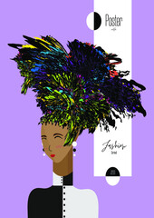 template fashion carnival poster girl poses with elements of colorful grunge in her hair